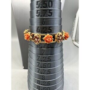 Vintage Gold Tone Faux Coral Rhinestone & Pearl Panel Bracelet 6.50